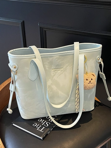 Sac Fourre-tout en Cuir PU Grande Capacité pour Femmes Motif Marbre Sac à Épaule Avec Pendentif Ours Mode Urbaine Travail