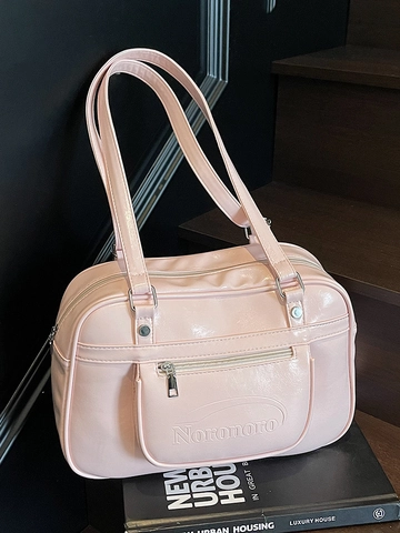 Bolso de Hombro para Mujer de Cuero PU Color Sólido Bolso Tote Letras Relieve Estilo Escolar Gran Capacidad