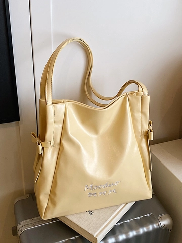Korean Style Large Capacity PU Leather Tote Bag For Women Student College Bowknot Embroidery Shoulder Bag Commuter Handbag