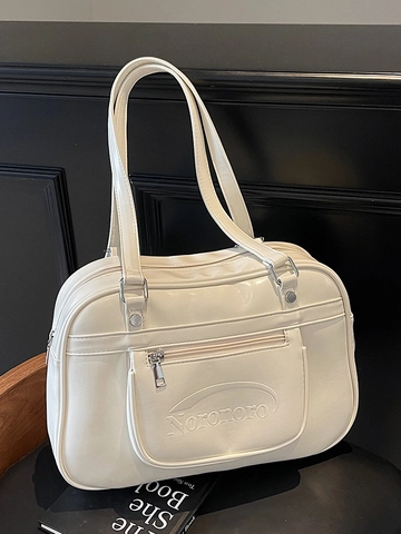 Bolso de Hombro para Mujer de Cuero PU Color Sólido Bolso Tote Letras Relieve Estilo Escolar Gran Capacidad