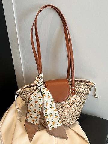 Bolso de Hombro de Paja Hecho a Mano para Mujer Bolso Cubo Vintage Bolso de Playa Con Pañuelo Floral Solapa de Contraste