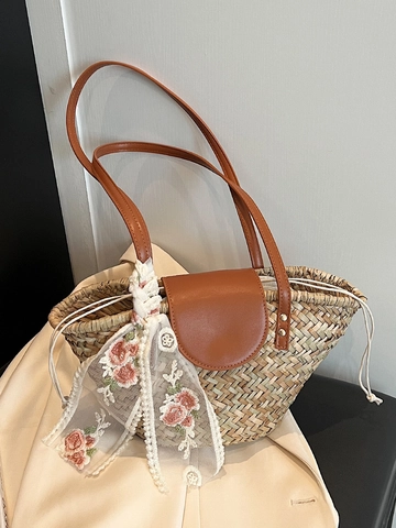 Bolso de Hombro de Paja Hecho a Mano para Mujer Bolso Cubo Vintage Bolso de Playa Con Pañuelo Floral Solapa de Contraste