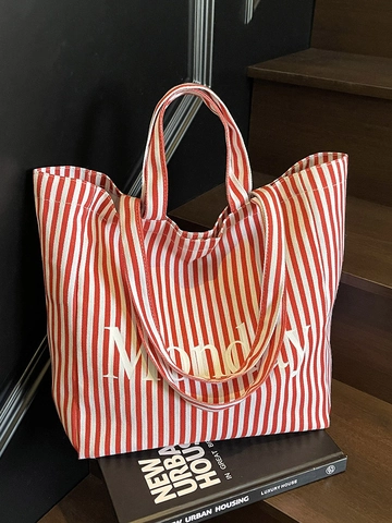Sac Cabas en Toile pour Femmes Grande Capacité Rayé Impression de Lettre Monday Sac à Épaule Simple Décontracté Sac de Shopping