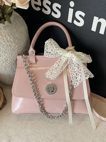 Vintage Oil Wax PU Leather Handbag For Women Lace Bow Decor Chain Crossbody Bag Commuter Square Satchel Shoulder Bag