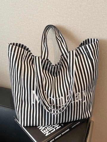 Sac Cabas en Toile pour Femmes Grande Capacité Rayé Impression de Lettre Monday Sac à Épaule Simple Décontracté Sac de Shopping
