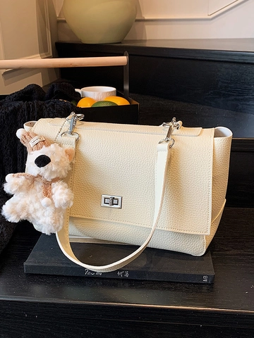 Bolso Bandolera de Cuero PU Minimalista para Mujer Estilo Maletín Patrón de Lichi Cierre de Metal Plateado Bolso de Negocios