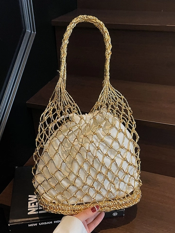 Women's Metallic Woven Mesh Shoulder Bag Hollow Handbag Vacation Beach Tote With Inner Pouch Stylish Crochet Net Bag