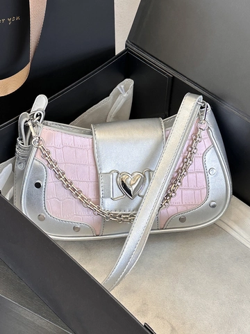 Dames Mode Okseltas Krokodillenpatroon PU-leer Crossbodytas Metalen Hartgesp Zilveren Ketting Y2K-stijl Schoudertas