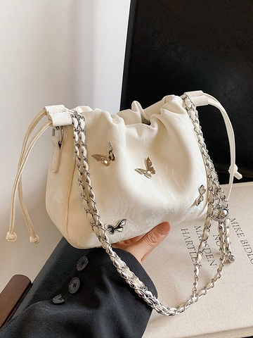 Borsa a Tracolla Nuvola in Pelle PU da Donna con Farfalla Borsa Plissettata con Coulisse e Catena Borsa alla Moda Versatile