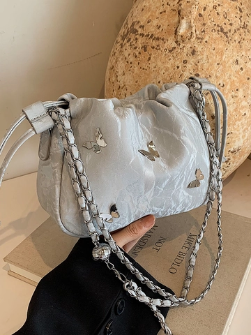 Borsa a Tracolla Nuvola in Pelle PU da Donna con Farfalla Borsa Plissettata con Coulisse e Catena Borsa alla Moda Versatile