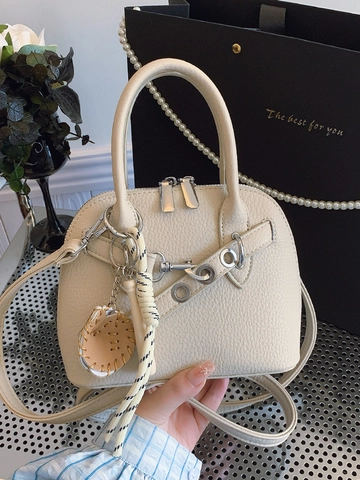 Women Lychee Texture PU Leather Shell Bag Fashion Minimalist Handbag Commuting Crossbody Bag With Baseball Glove Charm