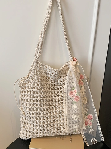 Borsa Tote da Donna Casual in Tessuto Traforato Grande Capacità Borsa da Spiaggia a Tracolla Con Sciarpa in Pizzo a Fiori