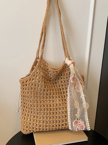 Borsa Tote da Donna Casual in Tessuto Traforato Grande Capacità Borsa da Spiaggia a Tracolla Con Sciarpa in Pizzo a Fiori