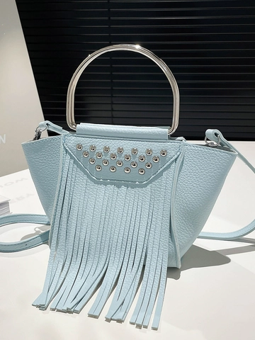 Trendy Designer Tassel Rivet Handbag For Women Synthetic Leather Bucket Bag Bohemian Small Metal Handle Crossbody Bag