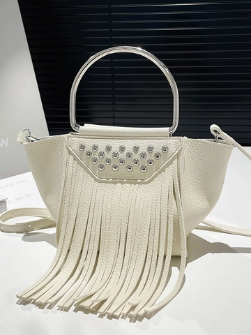 Trendy Designer Tassel Rivet Handbag For Women Synthetic Leather Bucket Bag Bohemian Small Metal Handle Crossbody Bag