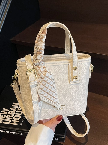 Borsa a Secchiello in Pelle PU Moda Donna Motivo Litchi Piccola Borsa a Mano Con Sciarpa Decorativa Borsa a Tracolla Pendolare