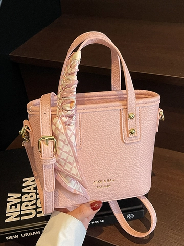 Borsa a Secchiello in Pelle PU Moda Donna Motivo Litchi Piccola Borsa a Mano Con Sciarpa Decorativa Borsa a Tracolla Pendolare