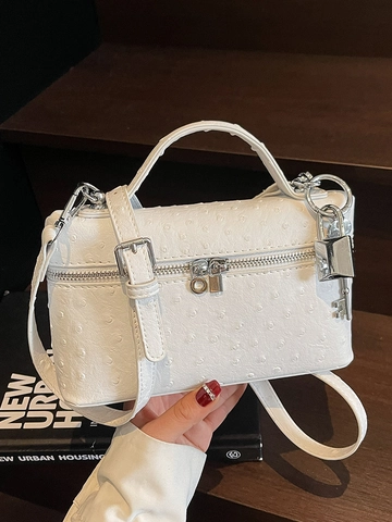 Fashion Ostrich Print Box Bag For Women Stylish Synthetic Leather Handbag With Handle Lock Charm Versatile Crossbody Bag