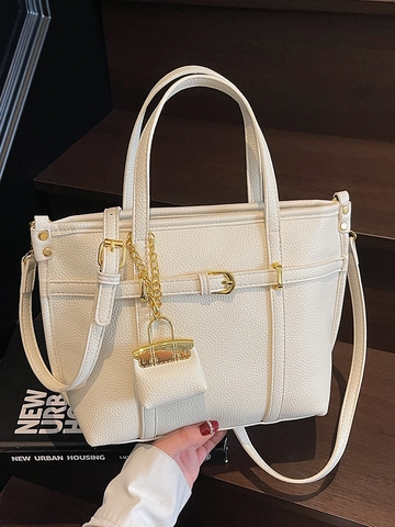 Damen PU Leder Lychee Textur Tote Bag Elegante Pendler Handtasche Mit Mini Anhänger Und Verstellbarem Riemen Multifunktionale Umhängetasche