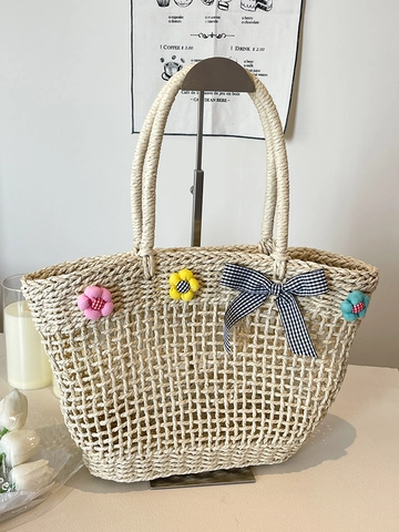 Bolso Tote de Paja Tejido a Mano Malla Calada Bolso de Hombro de Gran Capacidad Con Decoración de Flores y Lazo Estilo Vacaciones en la Playa Bolso de Mano para Mujer