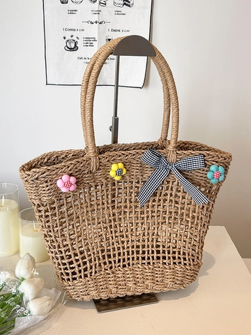 Bolso Tote de Paja Tejido a Mano Malla Calada Bolso de Hombro de Gran Capacidad Con Decoración de Flores y Lazo Estilo Vacaciones en la Playa Bolso de Mano para Mujer