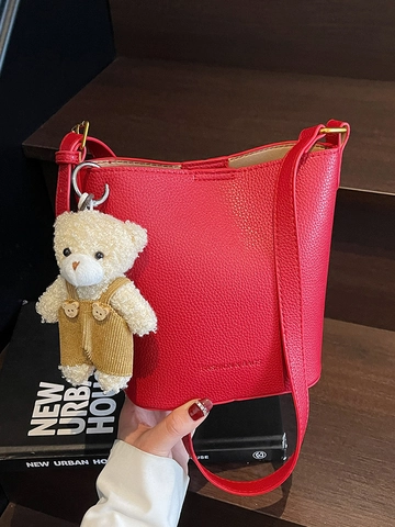 Sac Seau Élégant en Cuir PU Texture Litchi pour Femmes Sac à Bandoulière Décontracté Minimaliste Avec Pendentif Ours