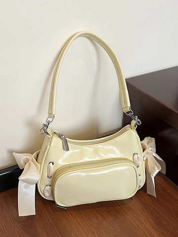 Women Sweet Lacquered PU Underarm Bag Ribbon Bow Knot Shoulder Bag Chic Balletcore Commuting Handbag Versatile Purse