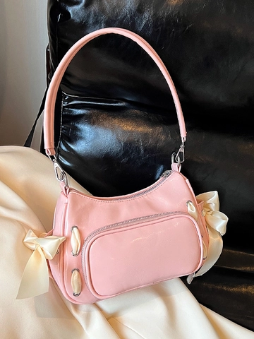 Women Sweet Lacquered PU Underarm Bag Ribbon Bow Knot Shoulder Bag Chic Balletcore Commuting Handbag Versatile Purse
