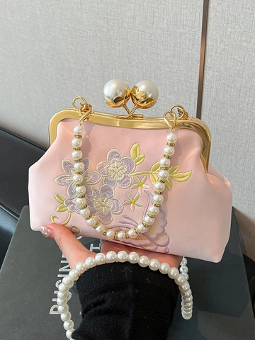 Elegante Borsa da Sera Ricamata in Nuovo Stile Cinese per Donna Borsa a Tracolla Vintage Floreale in PU con Catena di Perle