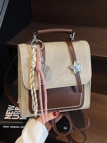 Sac à Main Vintage Femme Boucle Étoile Contraste Couleur Épissage Petit Sac Carré Mode Cuir PU Denim Sac à Dos Sac à Bandoulière Casual