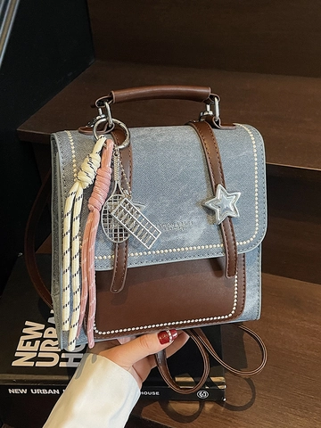 Sac à Main Vintage Femme Boucle Étoile Contraste Couleur Épissage Petit Sac Carré Mode Cuir PU Denim Sac à Dos Sac à Bandoulière Casual