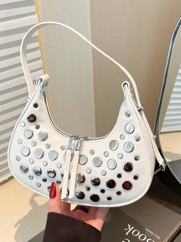 Women's Trendy Studded PU Leather Hobo Bag Punk Style Semi-Circle Underarm Shoulder Bag Minimalist Daily Party Purse