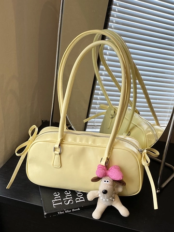 Korean Trendy PU Leather Underarm Shoulder Bag For Women Sweet Bow Baguette Bag With Cute Plush Dog Pendant Solid Color Daily