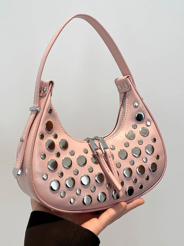 Women's Trendy Studded PU Leather Hobo Bag Punk Style Semi-Circle Underarm Shoulder Bag Minimalist Daily Party Purse
