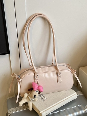 Korean Trendy PU Leather Underarm Shoulder Bag For Women Sweet Bow Baguette Bag With Cute Plush Dog Pendant Solid Color Daily