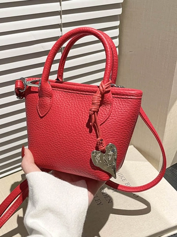 Damen Litschi-Muster PU-Leder Kleine Quadratische Tasche Einfarbig Umhängetasche Mit Herz-Anhänger Elegante Handtasche