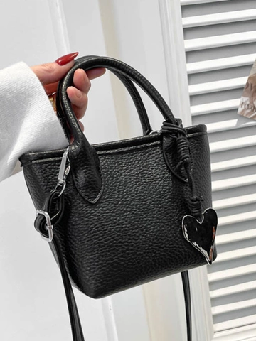 Damen Litschi-Muster PU-Leder Kleine Quadratische Tasche Einfarbig Umhängetasche Mit Herz-Anhänger Elegante Handtasche