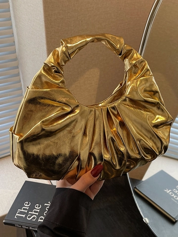 Women Ruched Metallic PU Leather Shoulder Bag Niche Design Pleated Underarm Hobo Bag Minimalist Solid Color Handbag For Party