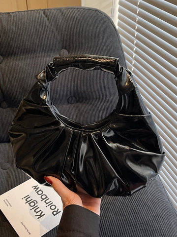 Women Ruched Metallic PU Leather Shoulder Bag Niche Design Pleated Underarm Hobo Bag Minimalist Solid Color Handbag For Party