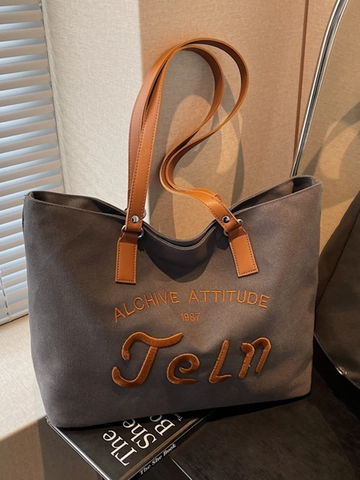 Borsa Tote in Tela da Donna Grande Capacità Borsa a Tracolla Pendolare Studente Moda Ricamo Lettere Borsa a Mano Casuale