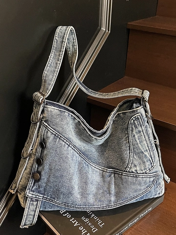 Retro Gewassen Denim Tote Tas Voor Vrouwen Grote Capaciteit Hobo Schoudertas Met Metalen Knoppen Stedelijke Eenvoudige Messenger Bag