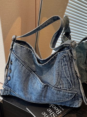 Retro Gewassen Denim Tote Tas Voor Vrouwen Grote Capaciteit Hobo Schoudertas Met Metalen Knoppen Stedelijke Eenvoudige Messenger Bag