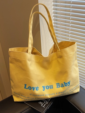 Women Canvas Tote Bag Large Capacity Casual Shoulder Bag With Love You Baby Printed Slogan For Daily Commute School