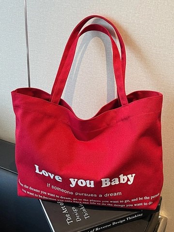 Women Canvas Tote Bag Large Capacity Casual Shoulder Bag With Love You Baby Printed Slogan For Daily Commute School