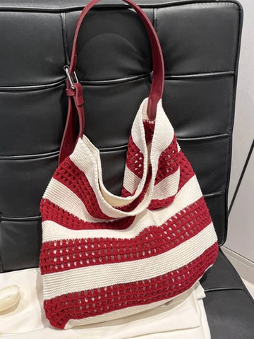 Borsa Tote a Maglia a Strisce Grande Capacità Traforata All'Uncinetto Borsa a Tracolla Per Donna Estate Spiaggia Vacanza Quotidiana