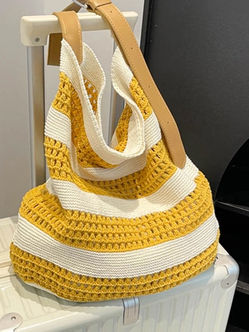 Borsa Tote a Maglia a Strisce Grande Capacità Traforata All'Uncinetto Borsa a Tracolla Per Donna Estate Spiaggia Vacanza Quotidiana
