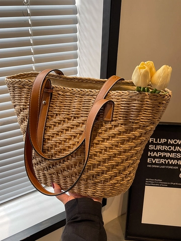 Bolso Tote de Paja Tejida de Gran Capacidad Para Mujer Verano Playa Vacaciones Bolso de Hombro Con Asas de Cuero Casual Travel