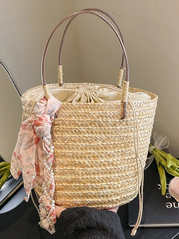 Borsa a Secchiello in Paglia Intrecciata a Mano in Stile Coreano per Donna Estate Spiaggia Vacanza Borsa a Tracolla di Grande Capacità