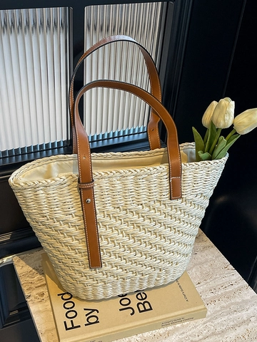 Bolso Tote de Paja Tejida de Gran Capacidad Para Mujer Verano Playa Vacaciones Bolso de Hombro Con Asas de Cuero Casual Travel