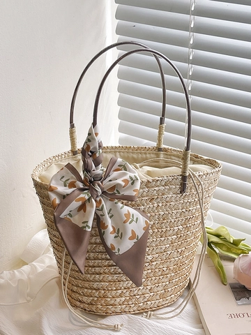 Borsa a Secchiello in Paglia Intrecciata a Mano in Stile Coreano per Donna Estate Spiaggia Vacanza Borsa a Tracolla di Grande Capacità